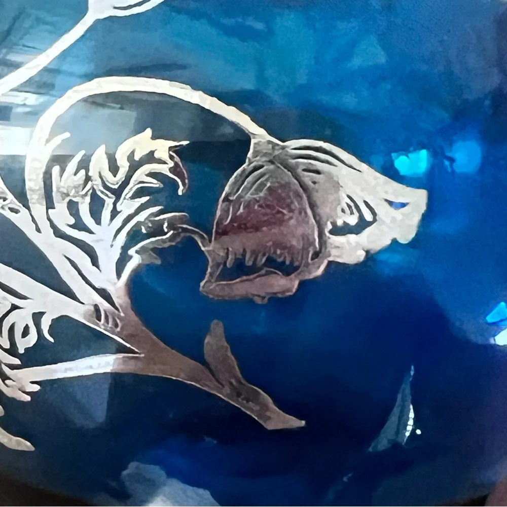Vintage Hand Blown Silver City Glass - Sterling Silver Overlay‎ Blue Vase - RARE